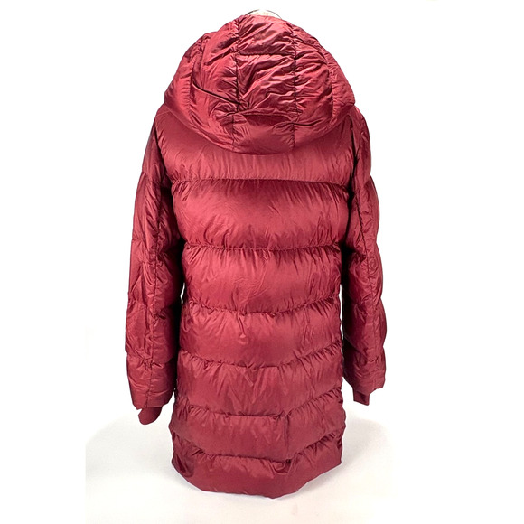 Athleta Down Puffer Coat LARGE Burgundy Hooded Quilted Long Parka Jacket - Picture 5 of 11